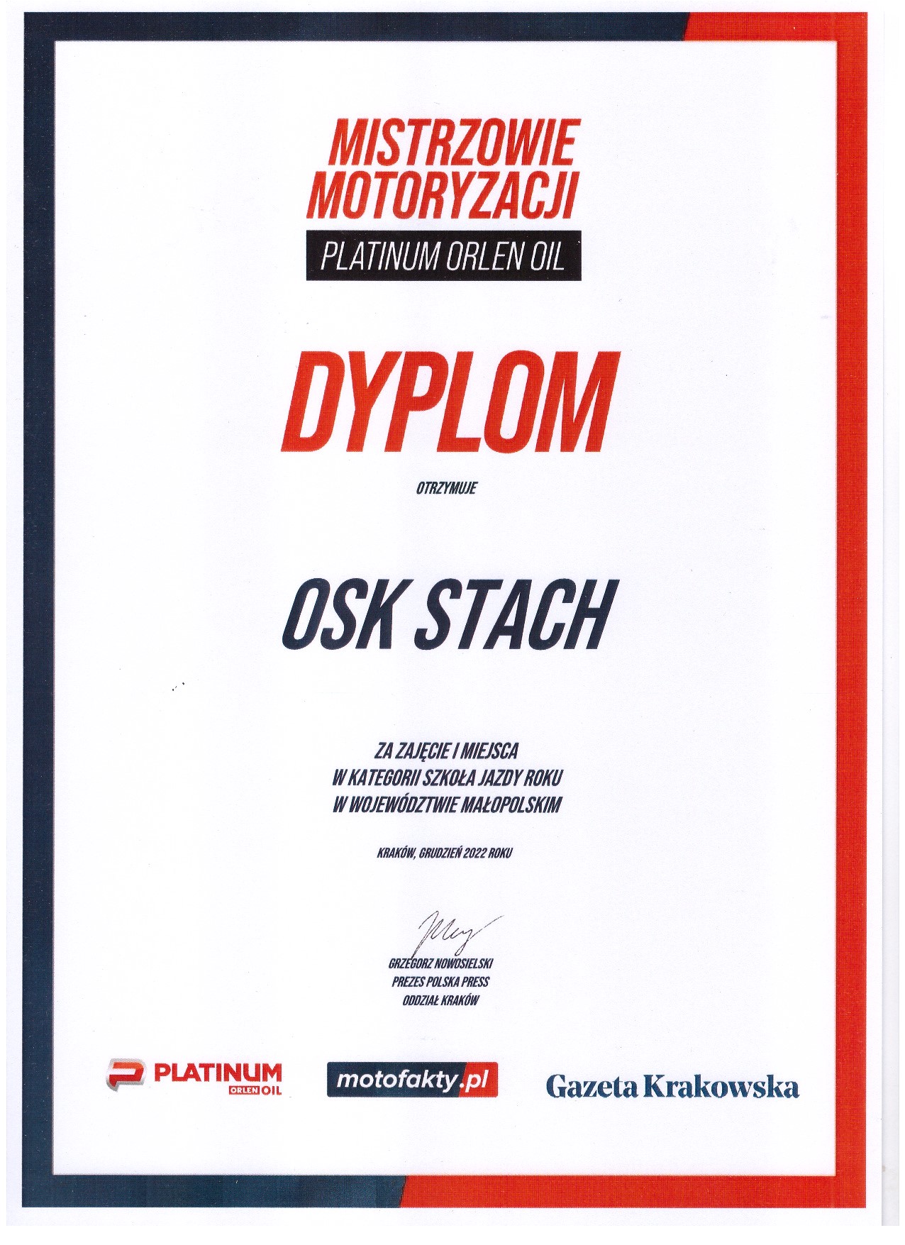 Dyplom Mistrzowie Motoryzacji 2022 - Szkoła jazdy roku w województwie Małopolskim